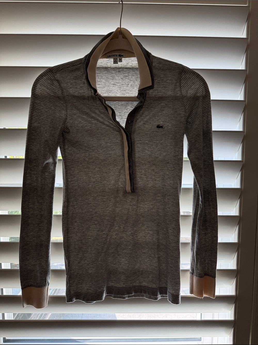Lacoste Men’s Gray Striped Zip-Up Polo Sweater with Cream Trim
